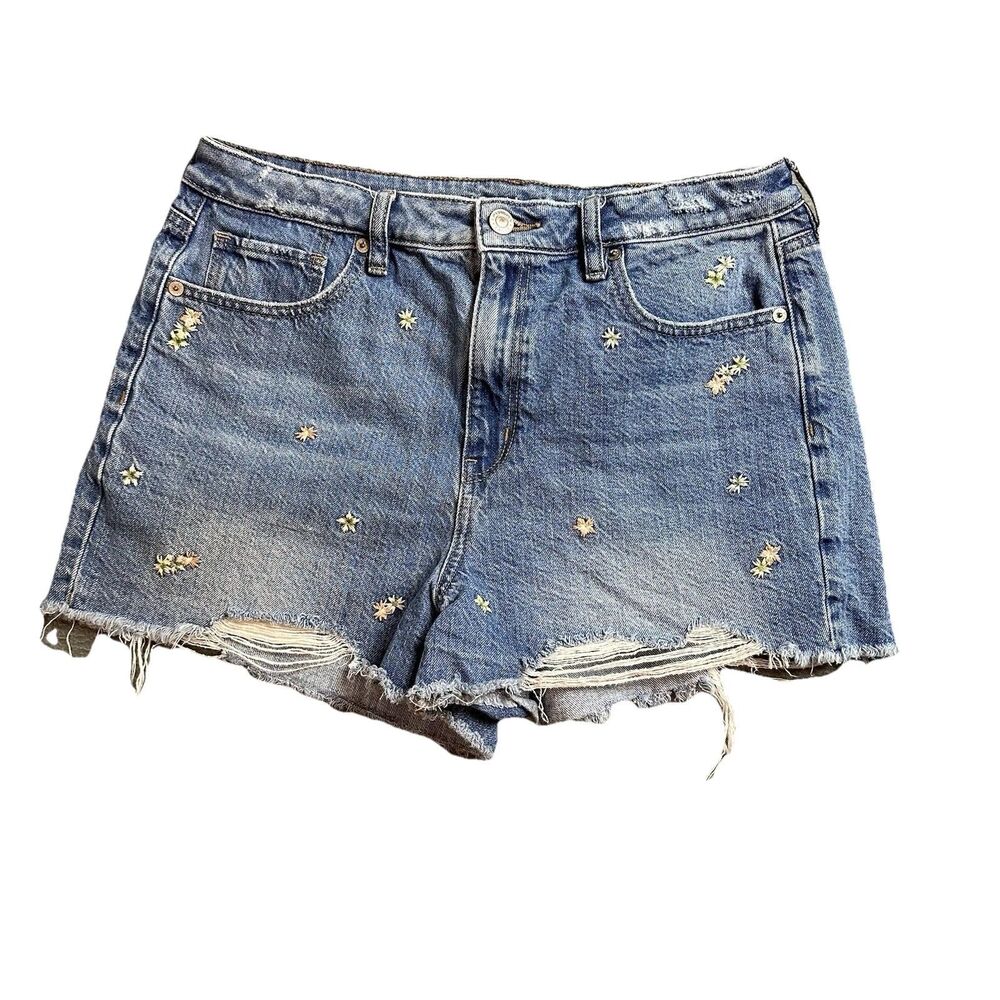 American Eagle Womens 10 Mom Shorts Blue Distressed Floral Stretch Denim EUC